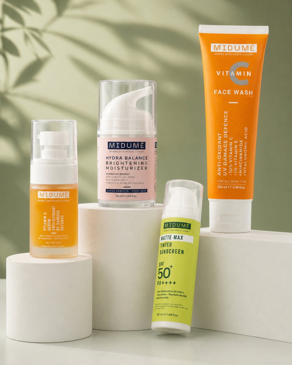 MIDUMÉ Dark Spot Corrector Kit - Vitamin C Serum with Facewash and Hydra Balance Moisturizer with Tinted Sunscreen