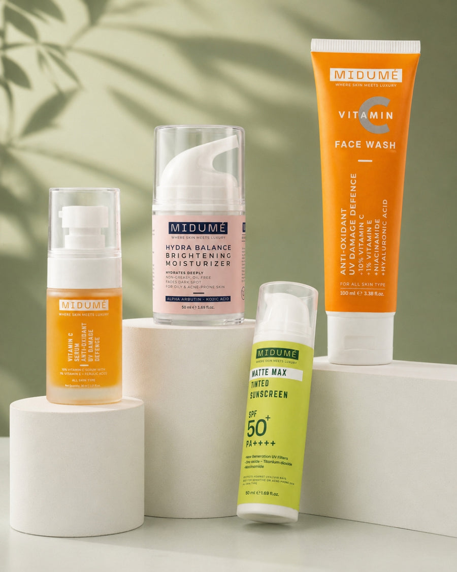 MIDUMÉ Dark Spot Corrector Kit - Vitamin C Serum with Facewash and Hydra Balance Moisturizer with Tinted Sunscreen